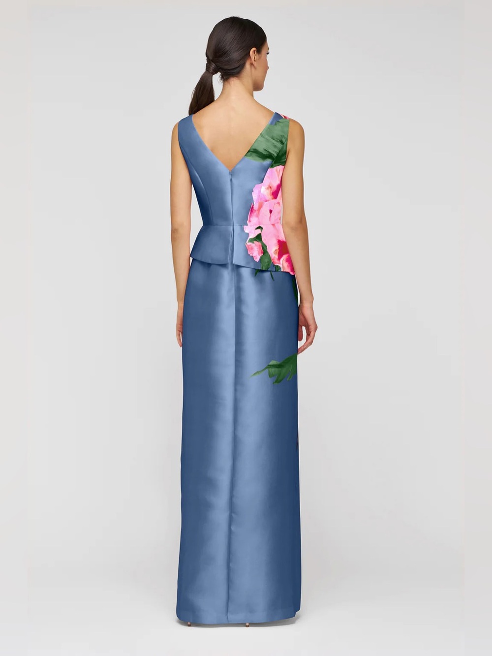 new Kay Unger Luciana floral mikado column maxi gown - pearl blue multi flowers - Picture 4 of 10